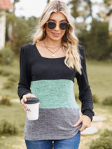 Color Block Square Neck Long Sleeve T-Shirt - Trendsi - Flyclothing LLC