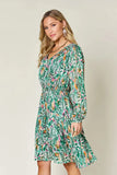 Double Take Full Size Printed Drawstring Waist Long Sleeve Dress - Trendsi