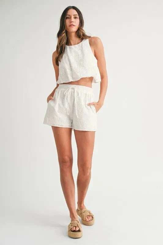 MABLE Eyelet Bubble Hem Sleeveless Top and Shorts Set - Trendsi - Flyclothing LLC