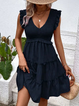 Ruffled V-Neck Cap Sleeve Dress - Trendsi - Flyclothing LLC