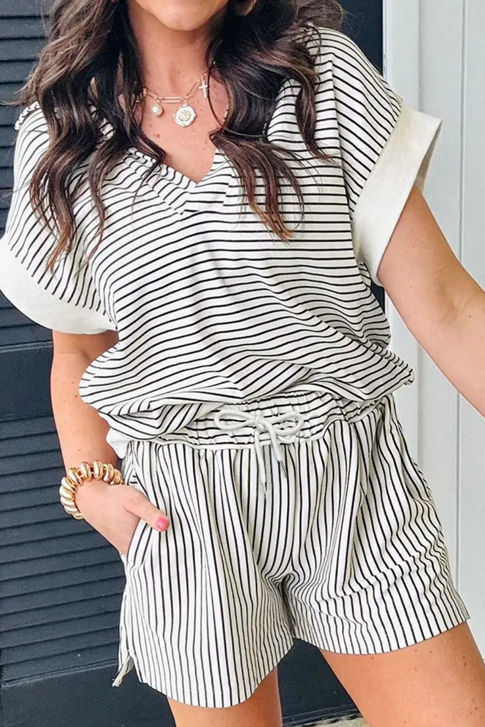 Stripe V Neck Tee and Casual Shorts Set - Trendsi - Flyclothing LLC