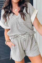 Stripe V Neck Tee and Casual Shorts Set - Trendsi - Flyclothing LLC