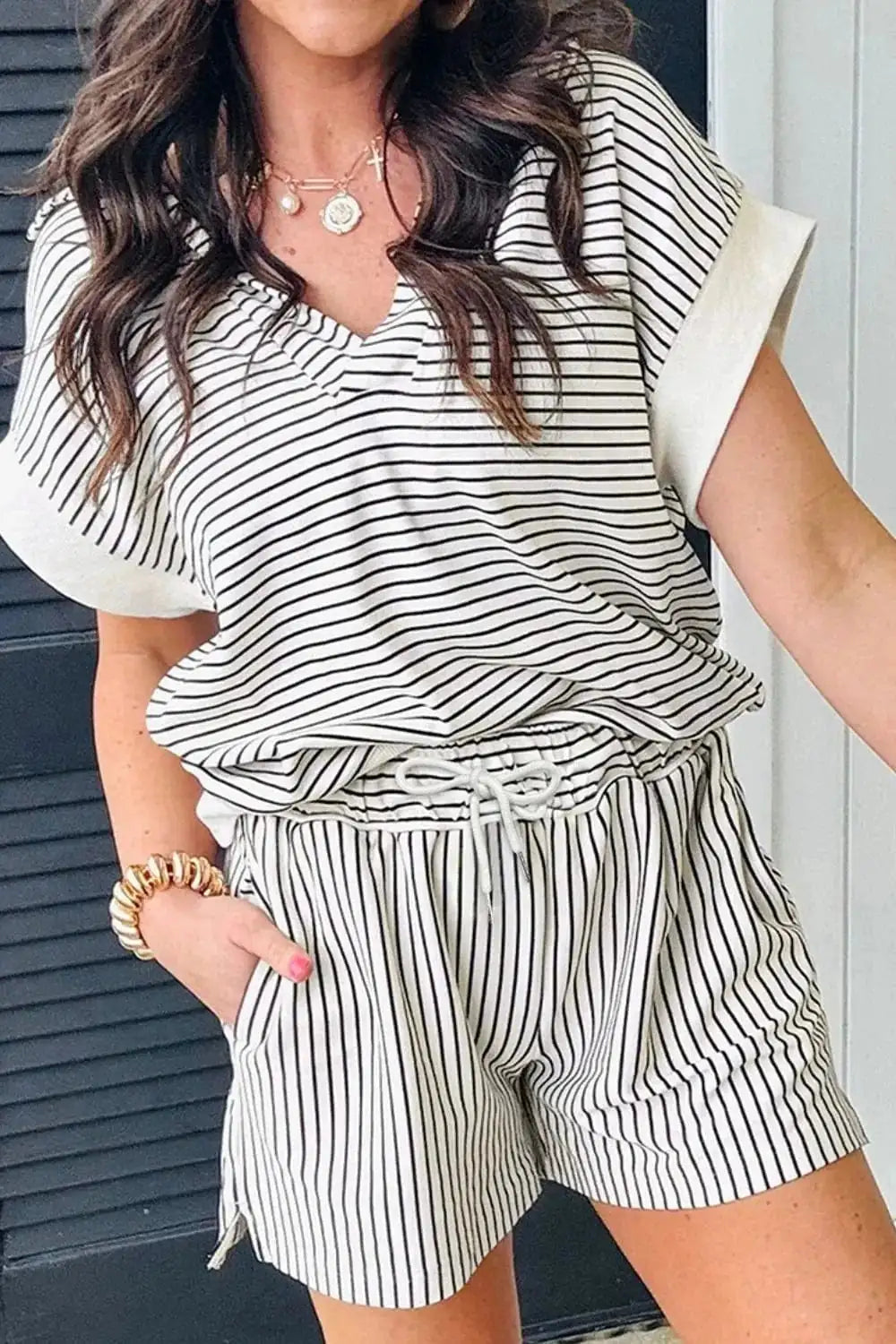 Stripe V Neck Tee and Casual Shorts Set - Trendsi