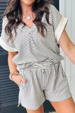 Stripe V Neck Tee and Casual Shorts Set - Trendsi
