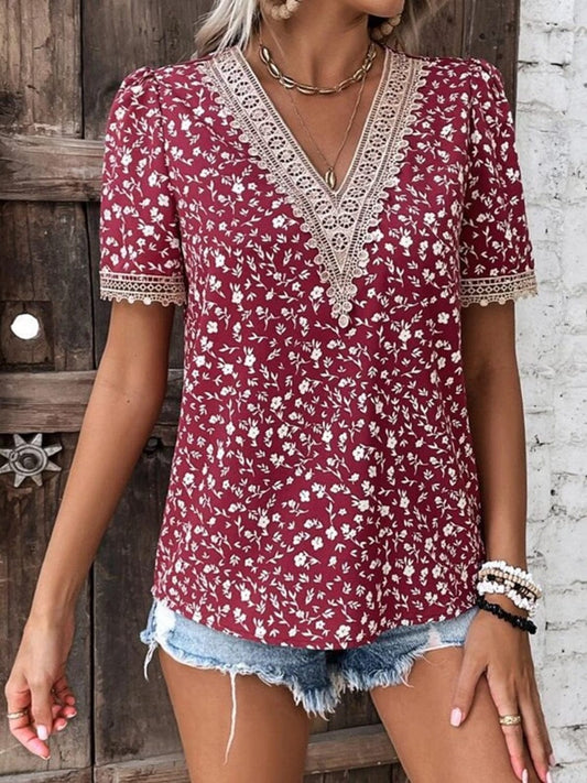Full Size Printed V-Neck Short Sleeve Blouse - Trendsi