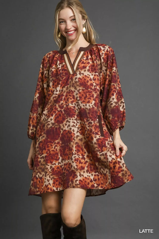 Umgee Animal Print Boho Tunic Dress with Contrast Trim Detail - Trendsi - Flyclothing LLC