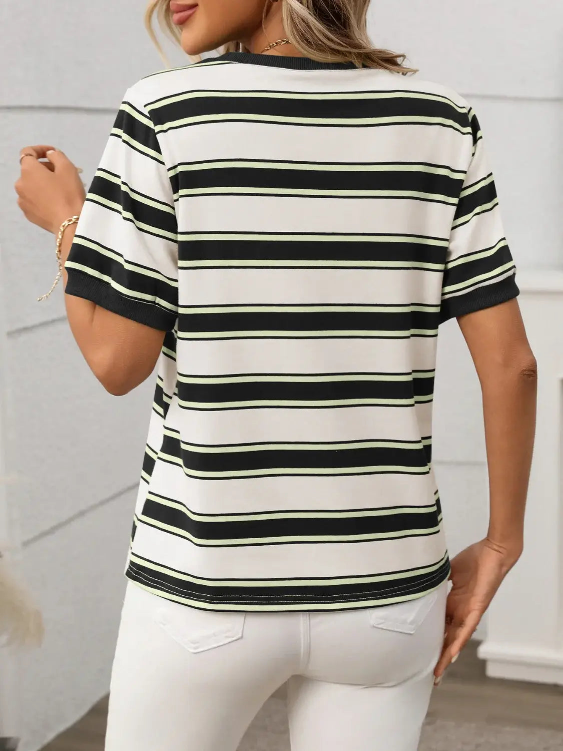 Contrast Striped Round Neck Short Sleeve T-Shirt - Trendsi - Flyclothing LLC