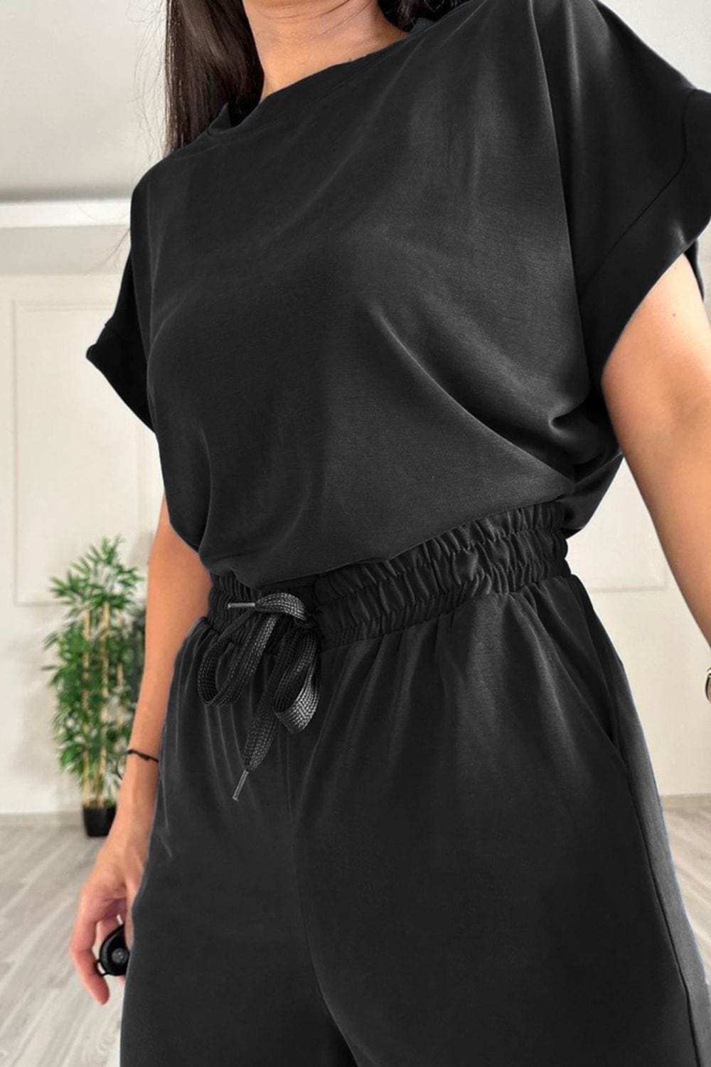 Round Neck Short Sleeve Top and Drawstring Pants Set - Trendsi - Flyclothing LLC