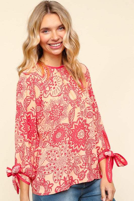 Haptics Ribbon Bow Detail Floral Round Neck Blouse - Trendsi - Flyclothing LLC