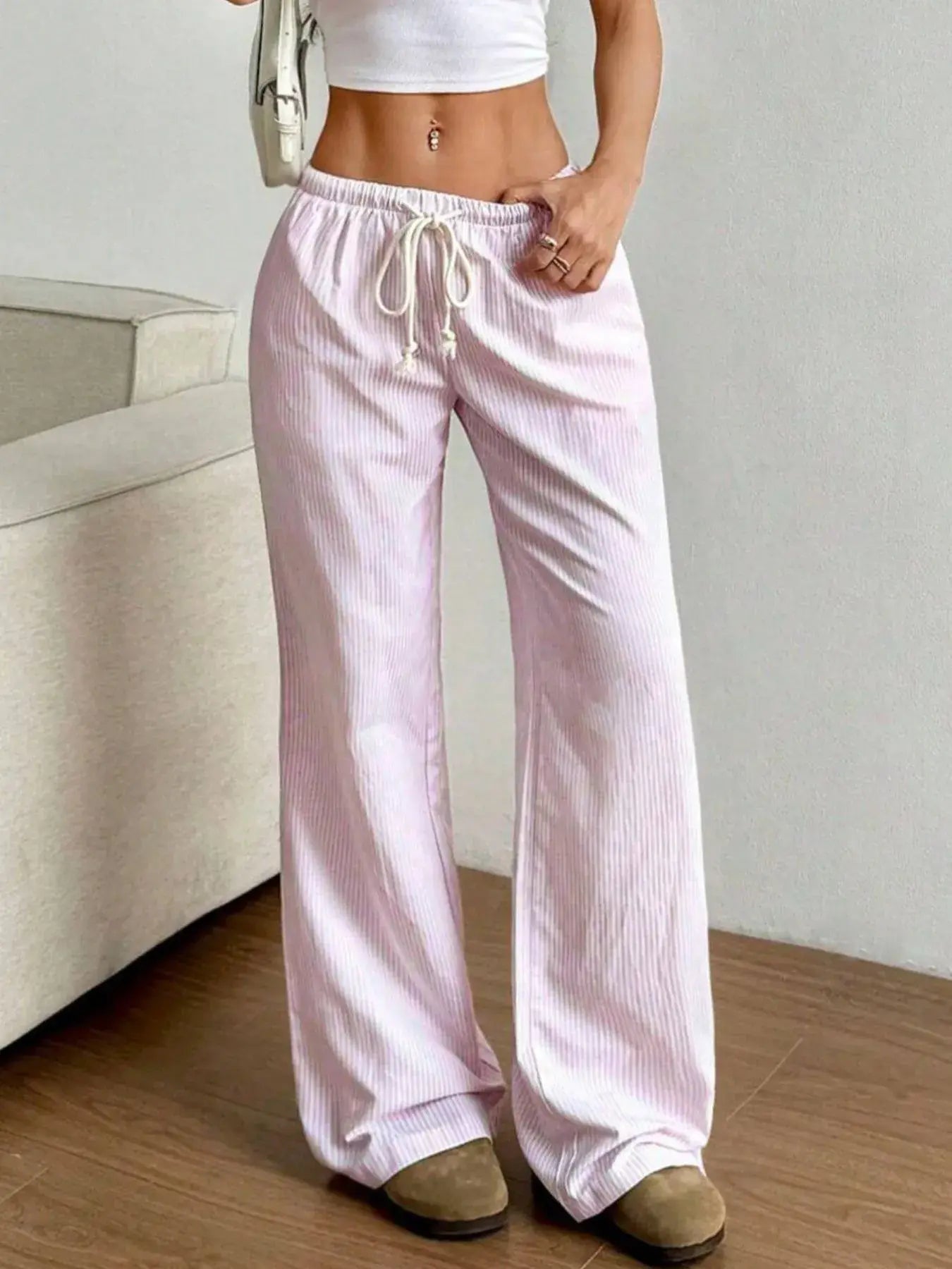 Drawstring Striped Wide Leg Pants - Trendsi - Flyclothing LLC