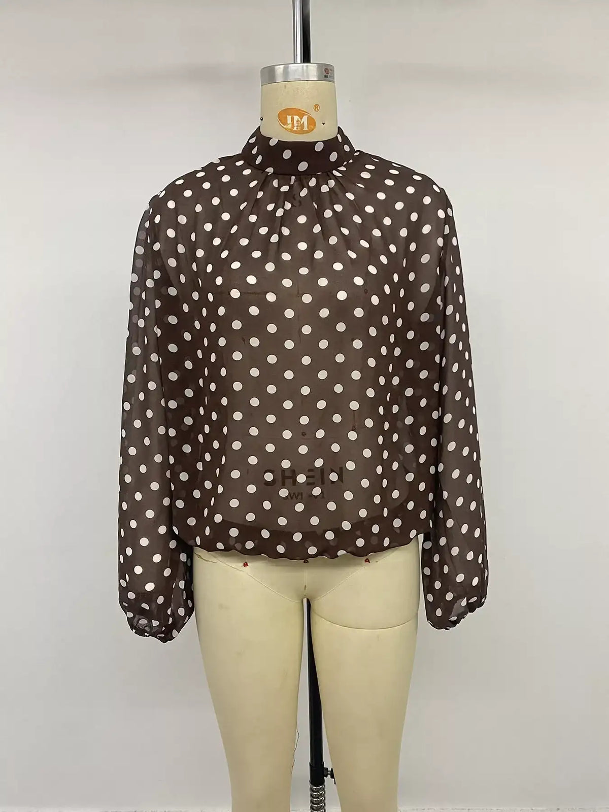 Polka Dot Mock Neck Long Sleeve Blouse - Trendsi - Flyclothing LLC