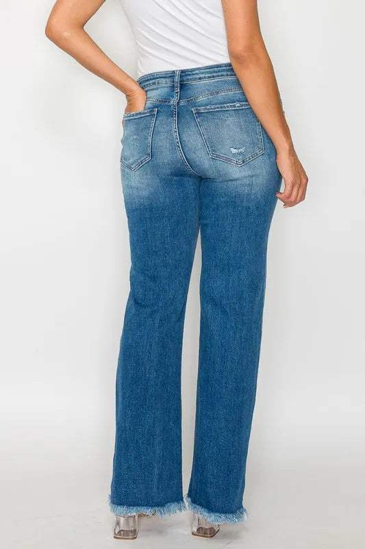 bytos Full Size Raw Hem Distressed Mid Rise Straight Jeans - Trendsi - Flyclothing LLC