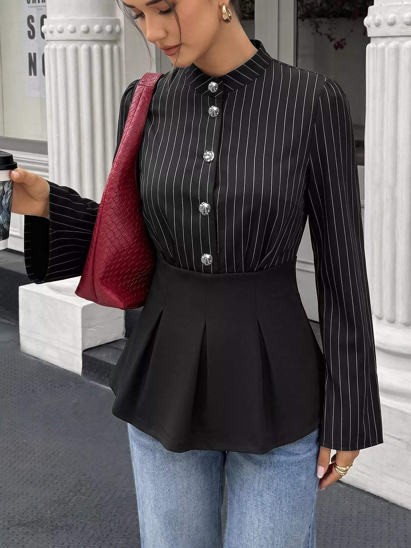 Striped Long Sleeve Peplum Blouse - Trendsi - Flyclothing LLC
