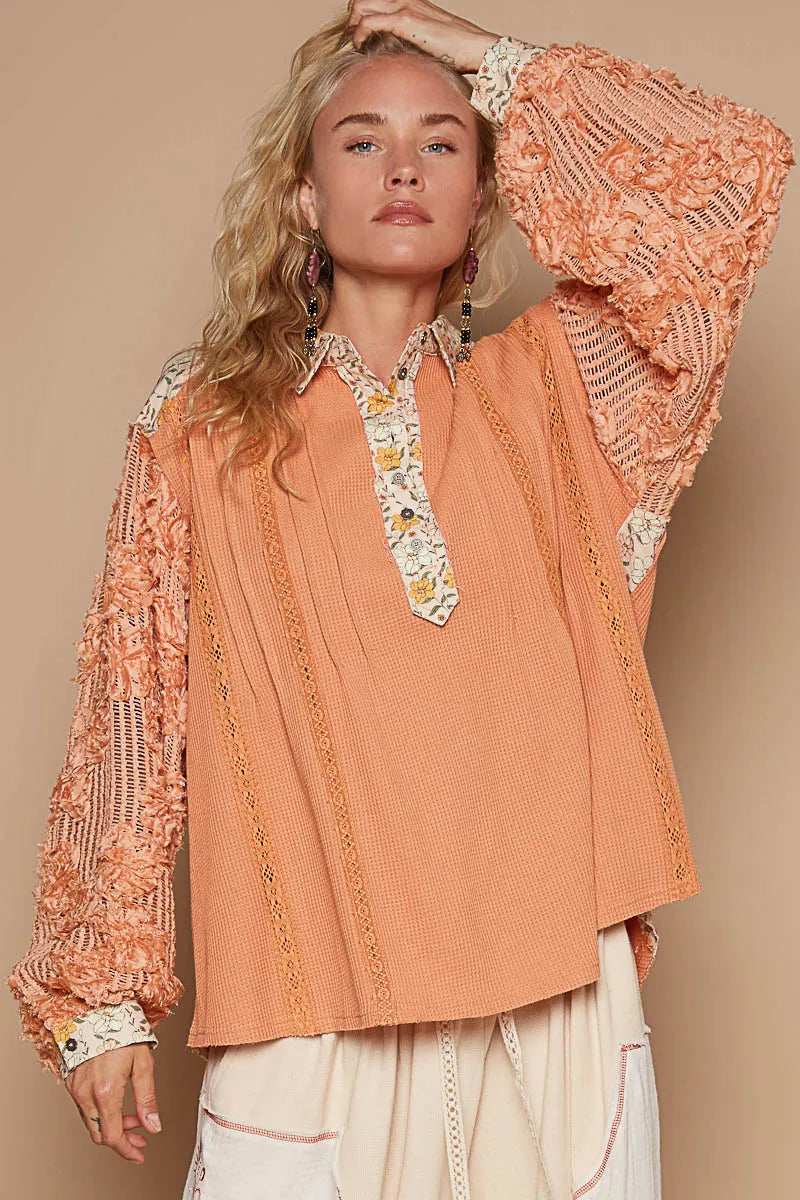 POL Floral Half Button Lace Detail Long Sleeve Top - Trendsi - Flyclothing LLC