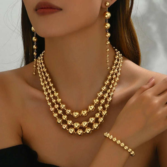 18K Stainless Steel Beaded Multi-Layered Necklace Bracelet Earrings Jewelry Set - Trendsi - Flyclothing LLC