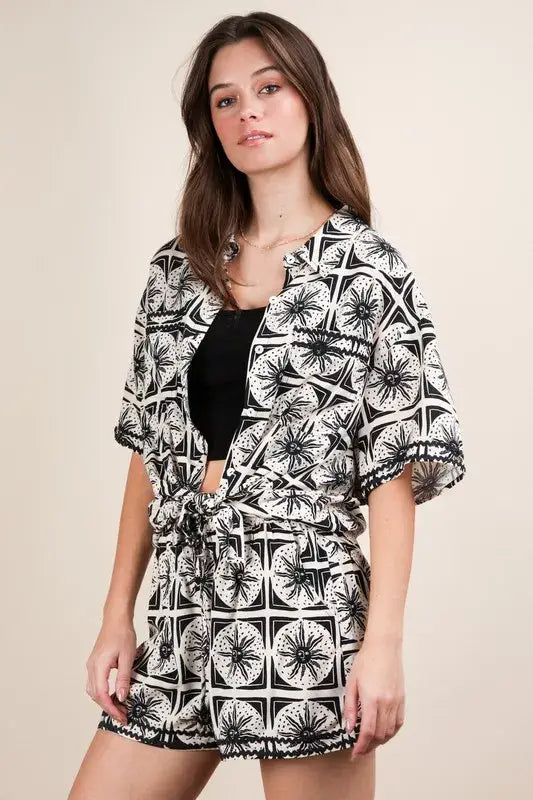 VERY J Plus Size Tropical Printed Shirt Top & Shorts Set - Trendsi - Flyclothing LLC