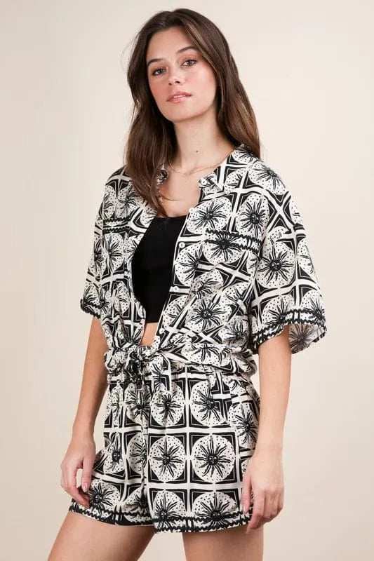 VERY J Plus Size Tropical Printed Shirt Top & Shorts Set - Trendsi - Flyclothing LLC