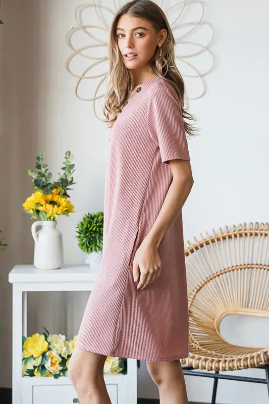 Heimish Full Size Solid Ribbed Mini Dress with Button Plus Size - Trendsi - Flyclothing LLC