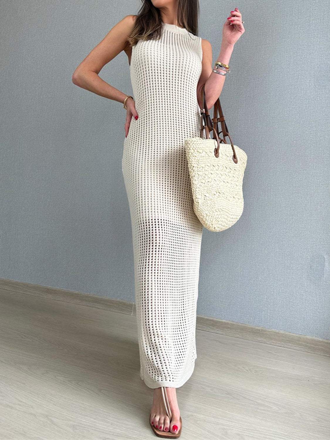 Openwork Slit Round Neck Cover-Up - Trendsi - Flyclothing LLC