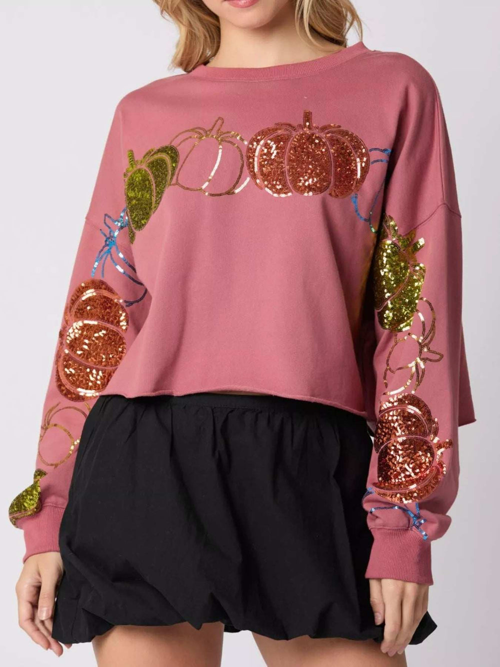 Sequined Pumpkin Halloween Crop Sweatshirt - Trendsi - Flyclothing LLC