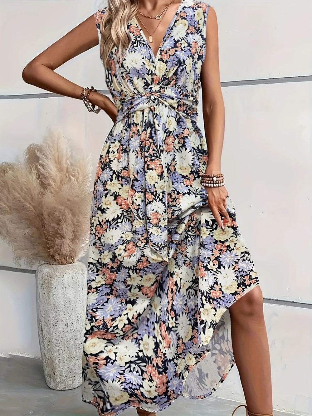Floral Sleeveless Midi Dress - Trendsi