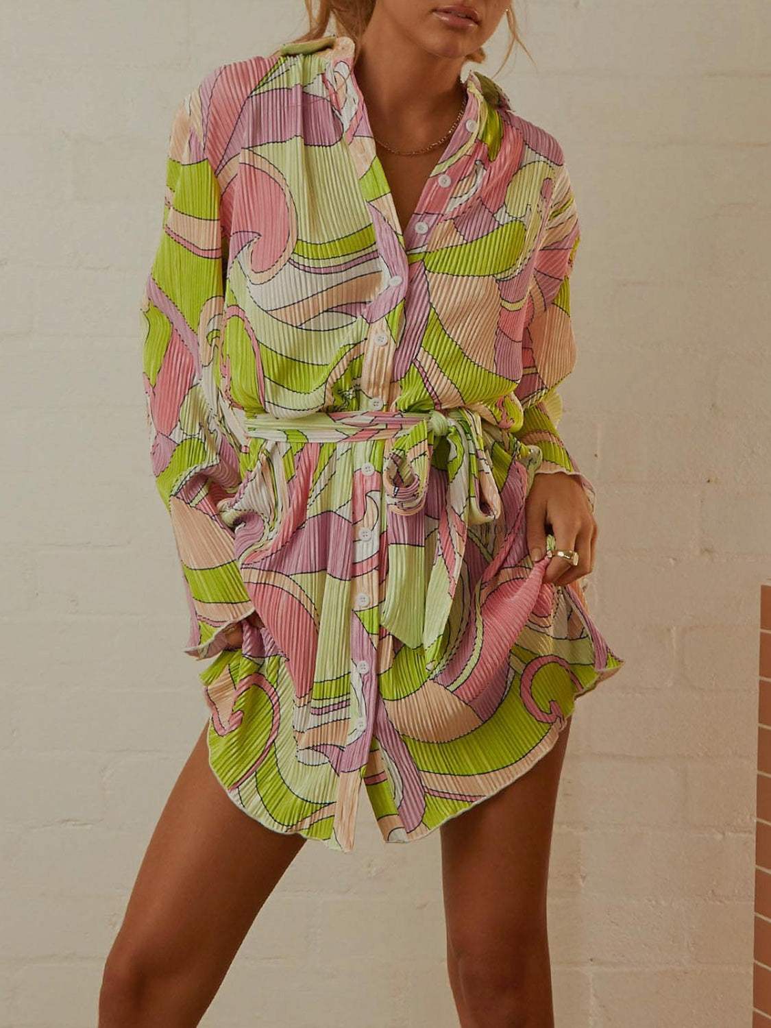 Tied Button Up Long Sleeve Dress - Trendsi - Flyclothing LLC