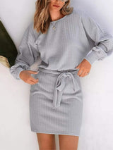 Round Neck Tie Waist Textured Dress - Trendsi - Flyclothing LLC
