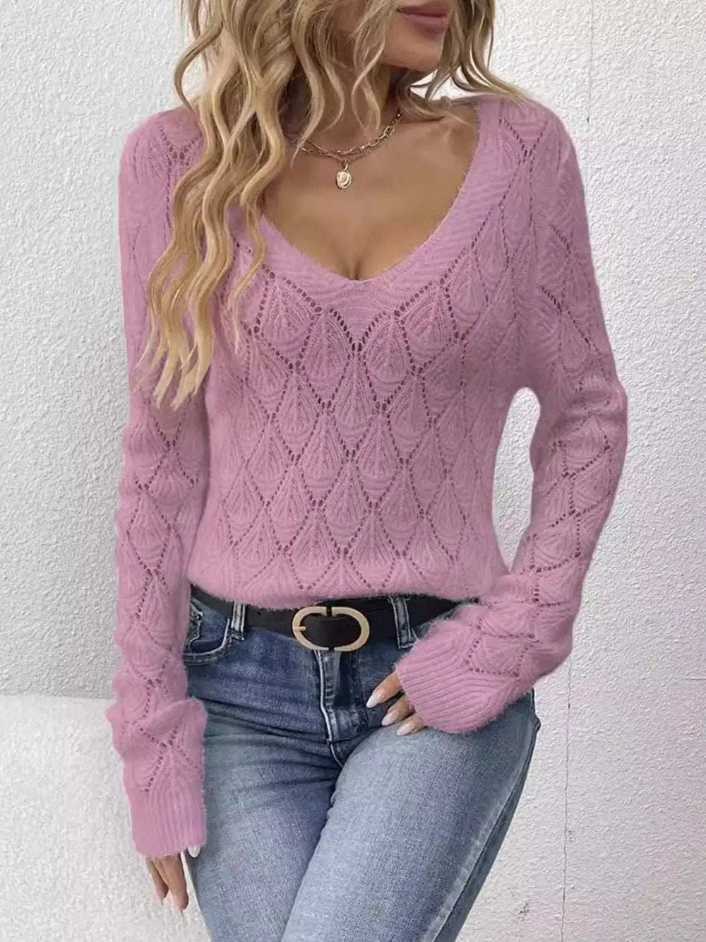 Openwork V-Neck Long Sleeve Sweater - Trendsi - Flyclothing LLC