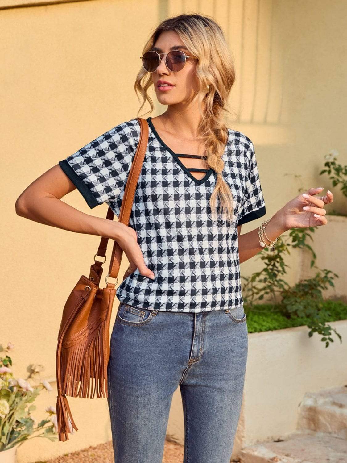 Houndstooth V-Neck Short Sleeve T-Shirt - Trendsi - Flyclothing LLC