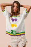 BiBi Short Puff Sleeve Ribbon Bow Mardi Gras Sweater - Trendsi - Flyclothing LLC