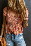Drawstring Floral V-Neck Short Sleeve Blouse - Trendsi