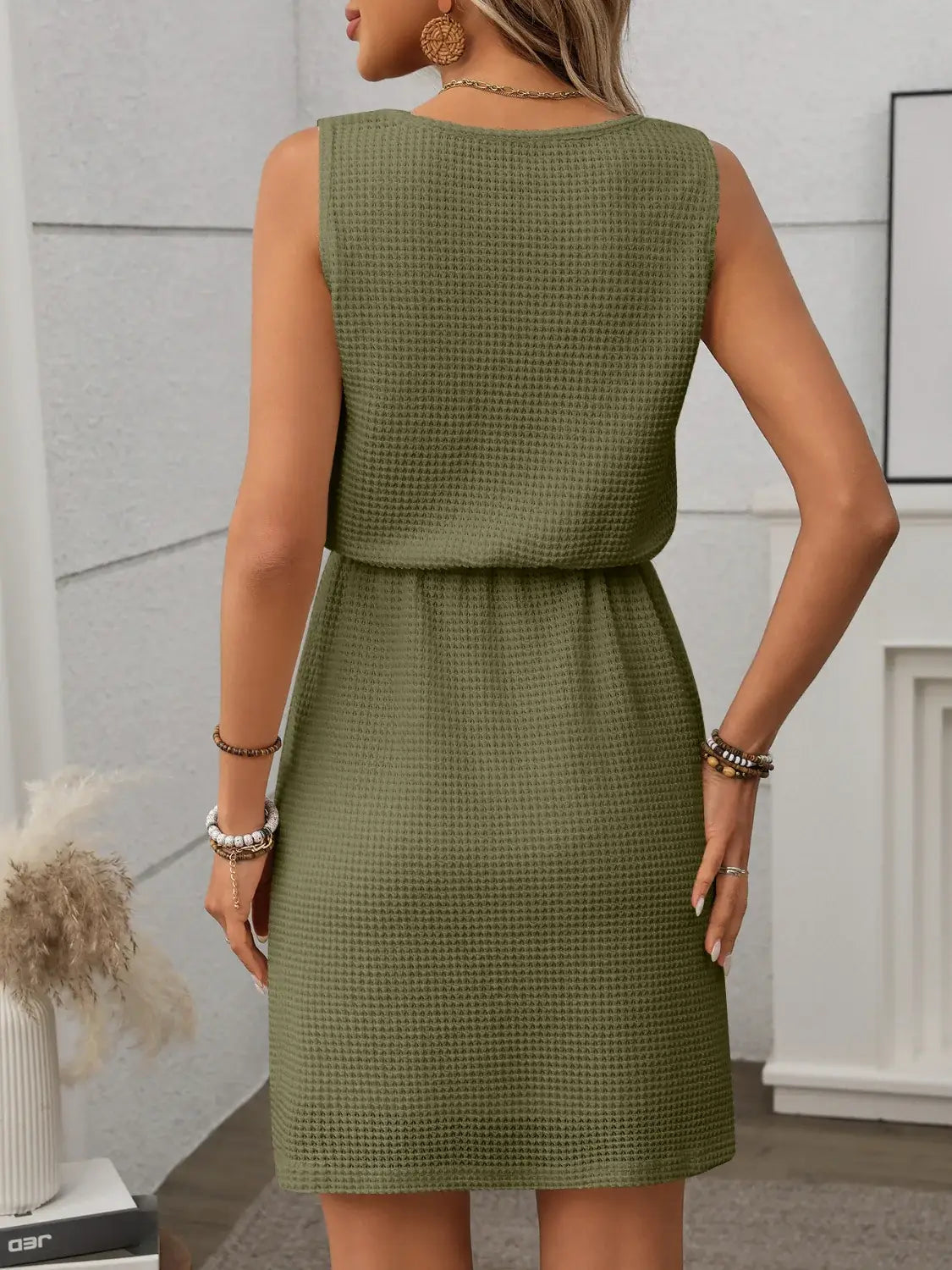 Waffle-Knit Drawstring Mini Tank Dress - Trendsi - Flyclothing LLC
