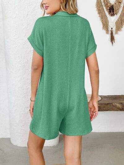 Button Detail Collared Neck Short Sleeve Romper - Trendsi - Flyclothing LLC