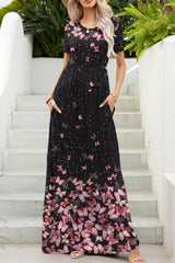 Printed Round Neck Short Sleeve Maxi Dress - Trendsi