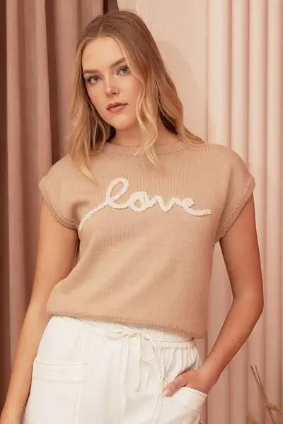 Mittoshop Contrast Letter Round Neck Cap Sleeve Knit Top - Trendsi - Flyclothing LLC