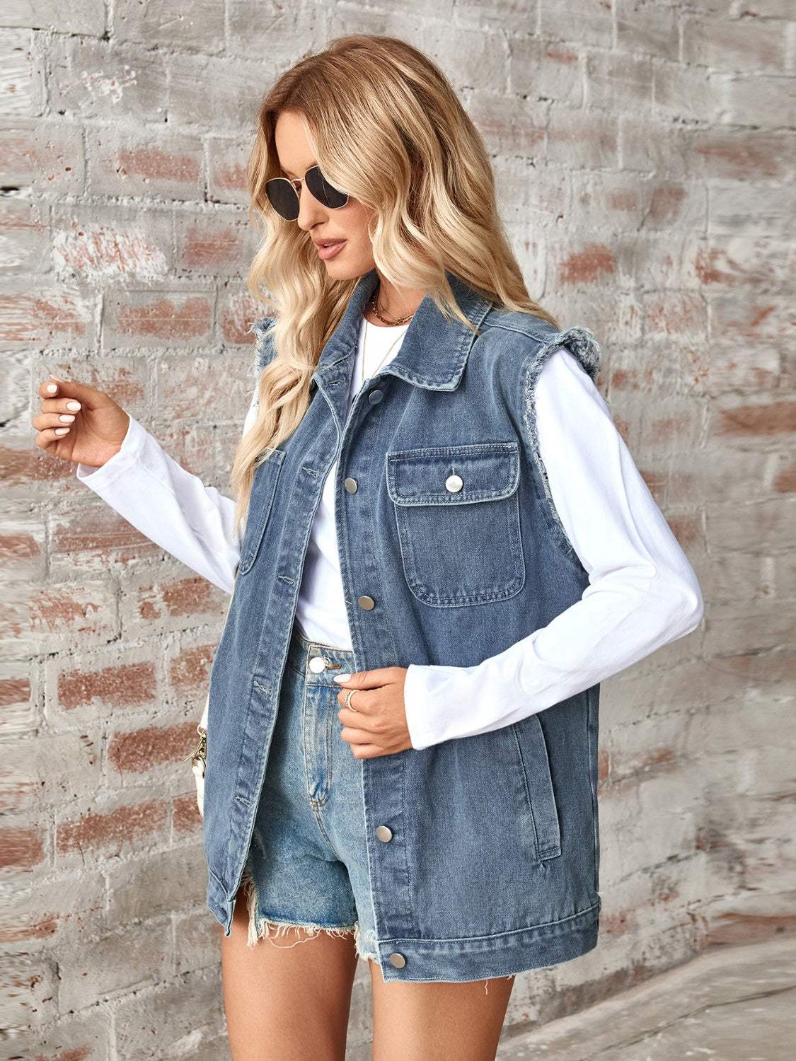 Raw Hem Sleeveless Button Up Denim Jacket - Trendsi - Flyclothing LLC