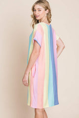 BOMBOM Striped Short Sleeve Dress with Pockets - Trendsi - Flyclothing LLC