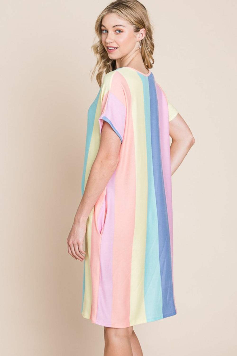 BOMBOM Striped Short Sleeve Dress with Pockets - Trendsi - Flyclothing LLC