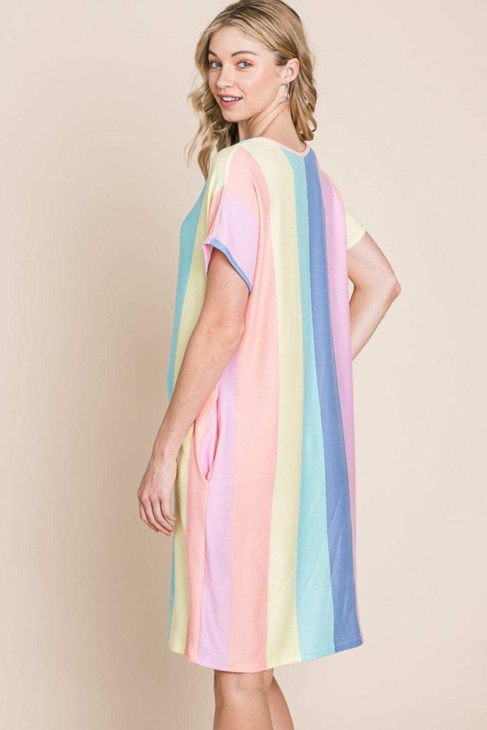 BOMBOM Striped Short Sleeve Dress with Pockets - Trendsi - Flyclothing LLC