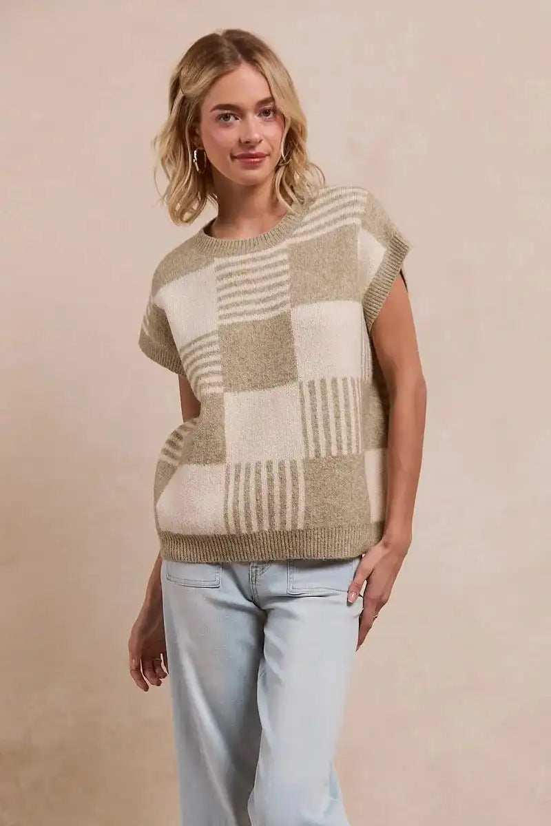 BiBi Checker With Stripes Pattern Sleeveless Sweater - Trendsi - Flyclothing LLC