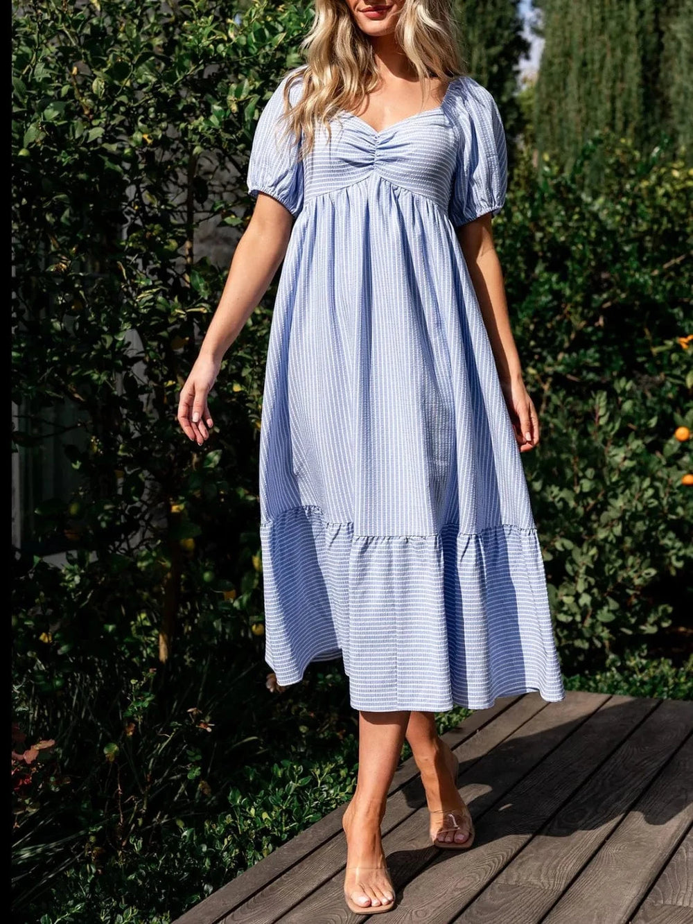 Striped Sweetheart Neck Puff Sleeve Midi Dress - Trendsi