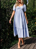 Striped Sweetheart Neck Puff Sleeve Midi Dress - Trendsi
