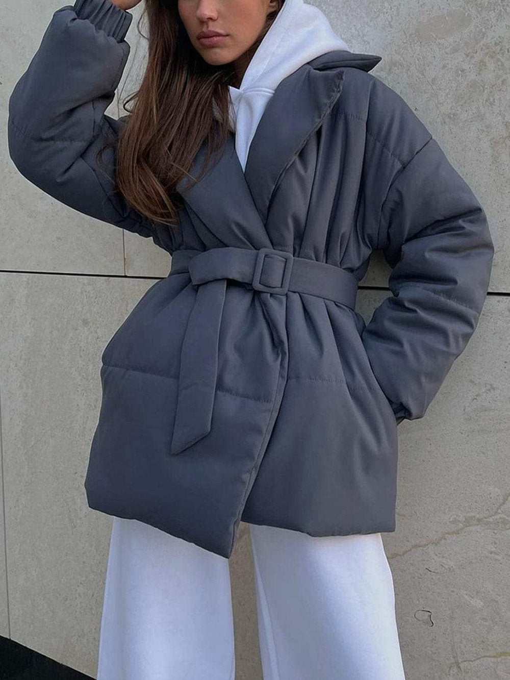 Puffer Long Sleeve Winter Coat with Belt - Trendsi - Flyclothing LLC