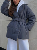 Puffer Long Sleeve Winter Coat with Belt - Trendsi