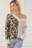 Leopard V Neck Drop Shoulder Sweater - Trendsi - Flyclothing LLC