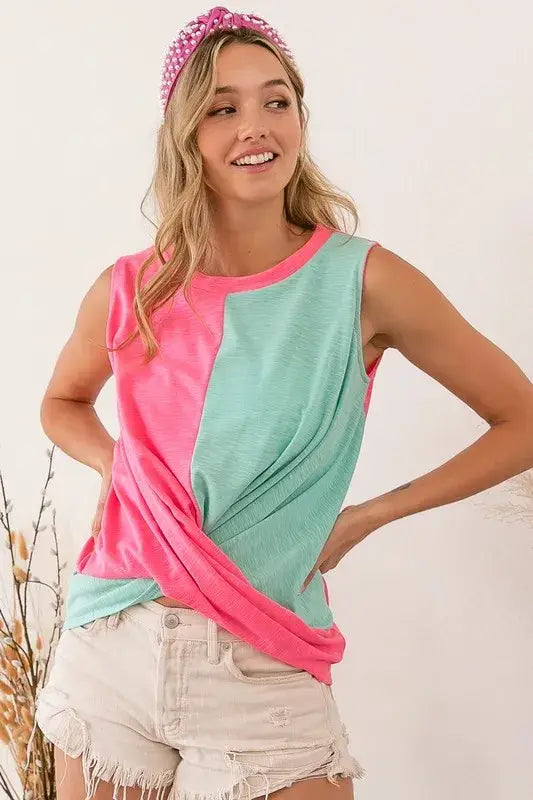 BiBi Slub Terry Color Block Twisted Top - Trendsi - Flyclothing LLC