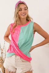 BiBi Slub Terry Color Block Twisted Top - Trendsi - Flyclothing LLC
