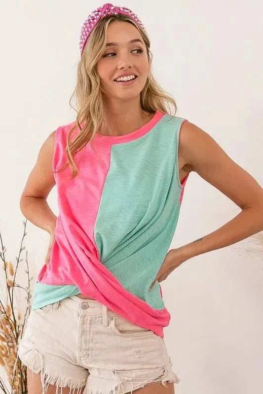 BiBi Slub Terry Color Block Twisted Top - Trendsi - Flyclothing LLC