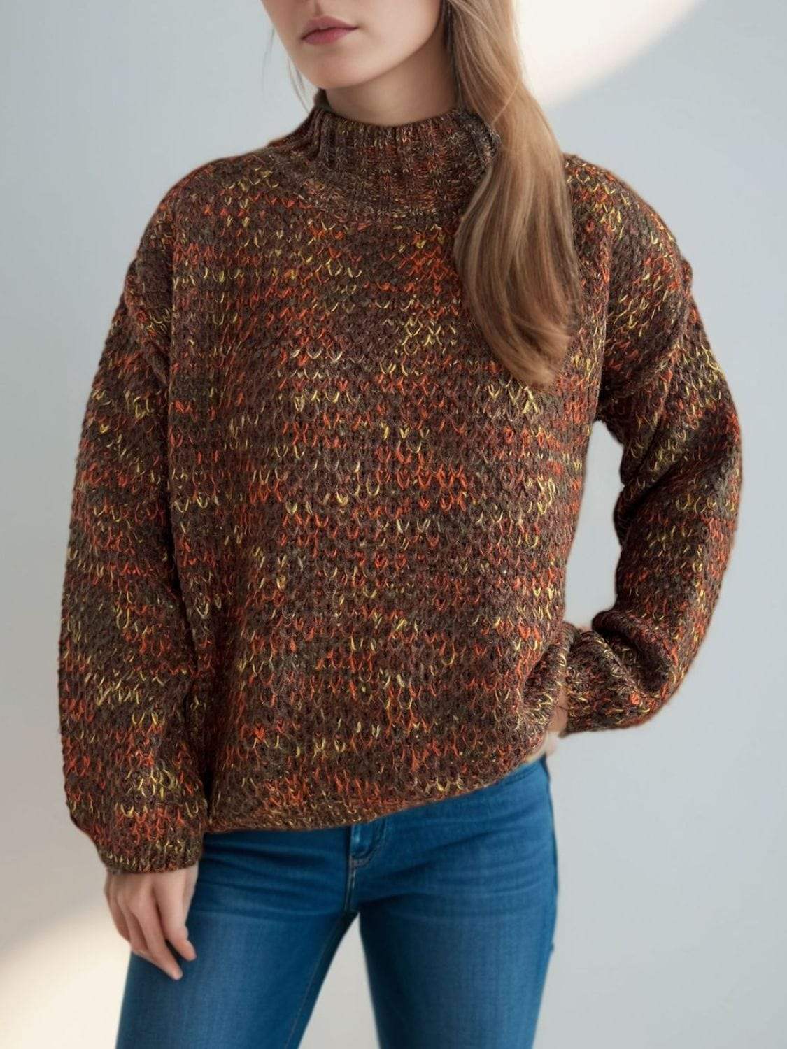 Heathered Turtleneck Dropped Shoulder Sweater - Trendsi - Flyclothing LLC