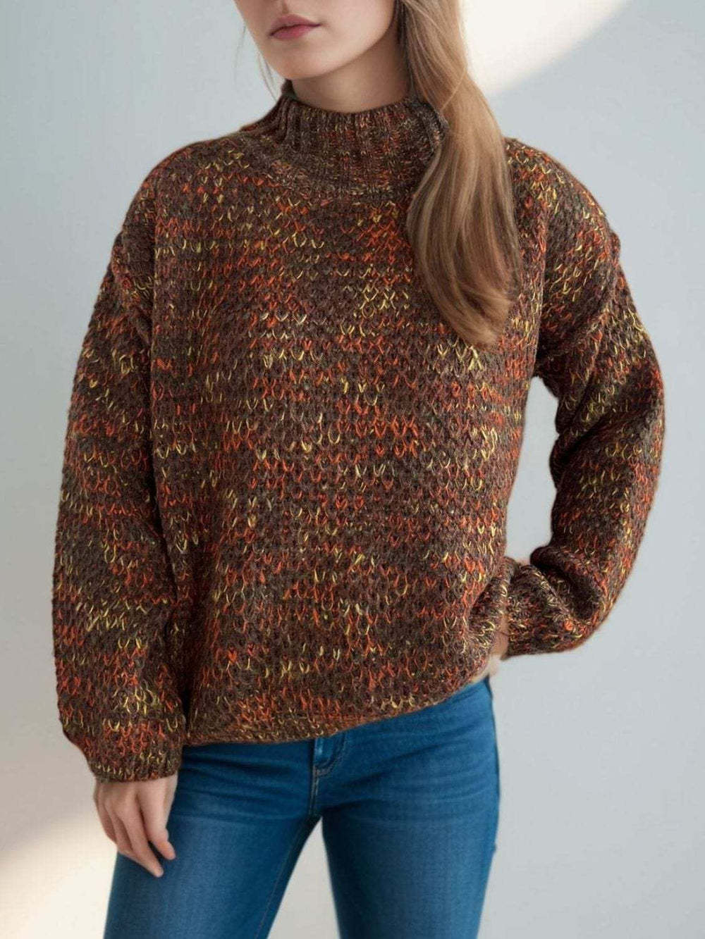 Heathered Turtleneck Dropped Shoulder Sweater - Trendsi - Flyclothing LLC